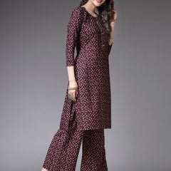Stylum Women's Printed Poly Crepe Straight Kurta Palazzo Set (KPPURPLETALE)