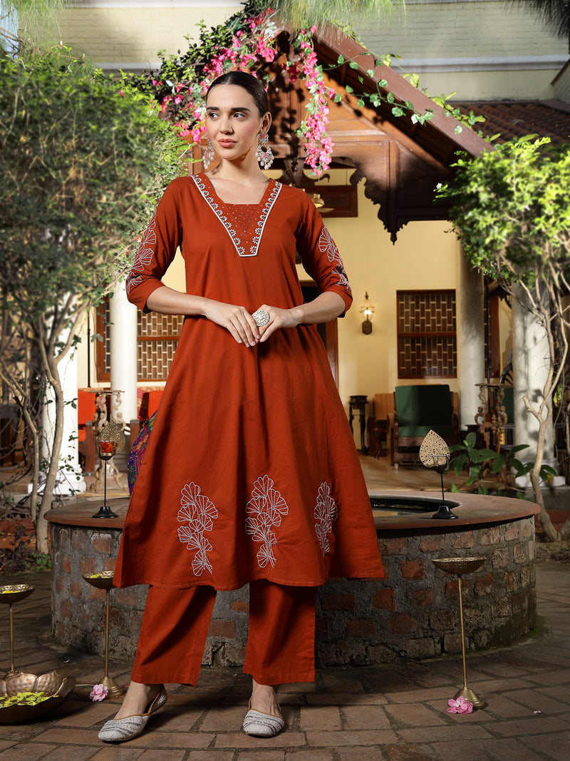 Stylum Women's Rust Solid & Embroidered Cotton A-Line Kurta Pant Set (KPRUSTKHAKSA)