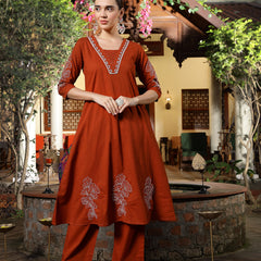 Stylum Women's Rust Solid & Embroidered Cotton A-Line Kurta Pant Set (KPRUSTKHAKSA)