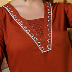 Stylum Women's Rust Solid & Embroidered Cotton A-Line Kurta Pant Set (KPRUSTKHAKSA)