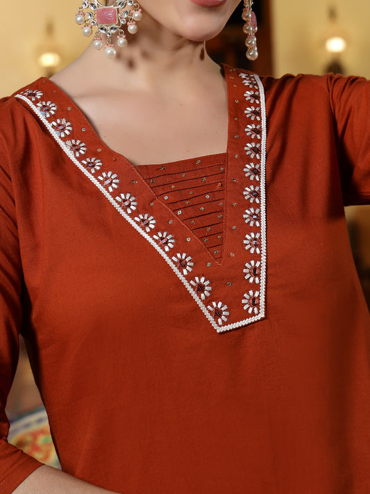 Stylum Women's Rust Solid & Embroidered Cotton A-Line Kurta Pant Set (KPRUSTKHAKSA)