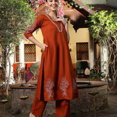 Stylum Women's Rust Solid & Embroidered Cotton A-Line Kurta Pant Set (KPRUSTKHAKSA)
