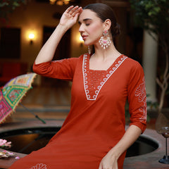 Stylum Women's Rust Solid & Embroidered Cotton A-Line Kurta Pant Set (KPRUSTKHAKSA)
