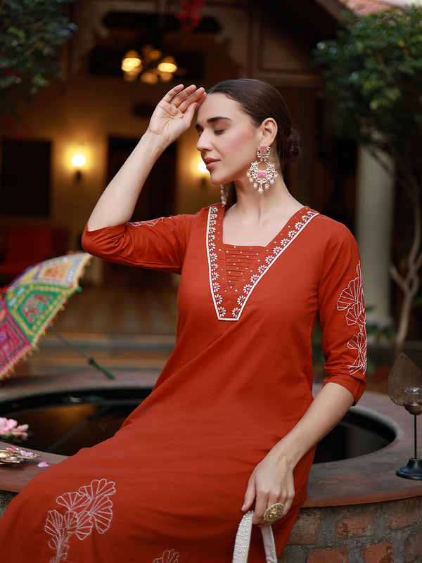 Stylum Women's Rust Solid & Embroidered Cotton A-Line Kurta Pant Set (KPRUSTKHAKSA)