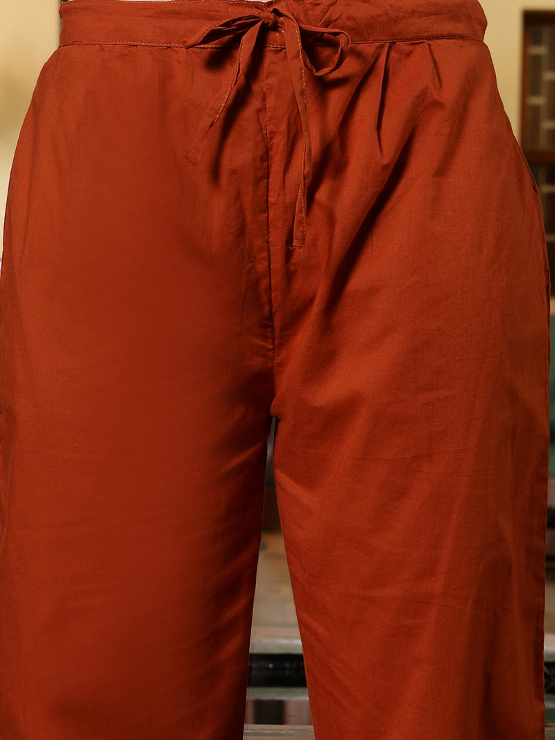 Stylum Women's Rust Solid & Embroidered Cotton A-Line Kurta Pant Set (KPRUSTKHAKSA)