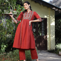 Stylum Women's Rust Printed Cotton A-Line Kurta Pant Set (KPRUSTMURANO)