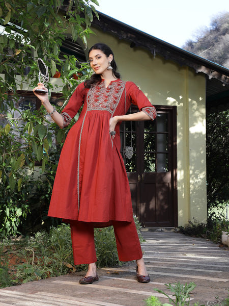 Stylum Women's Rust Printed Cotton A-Line Kurta Pant Set (KPRUSTMURANO)