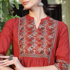 Stylum Women's Rust Printed Cotton A-Line Kurta Pant Set (KPRUSTMURANO)