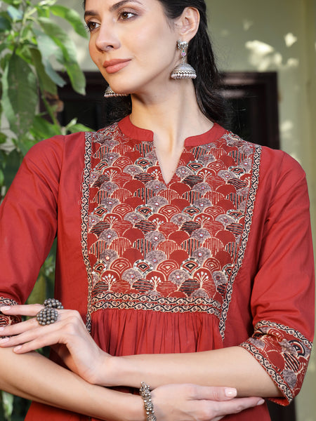Stylum Women's Rust Printed Cotton A-Line Kurta Pant Set (KPRUSTMURANO)