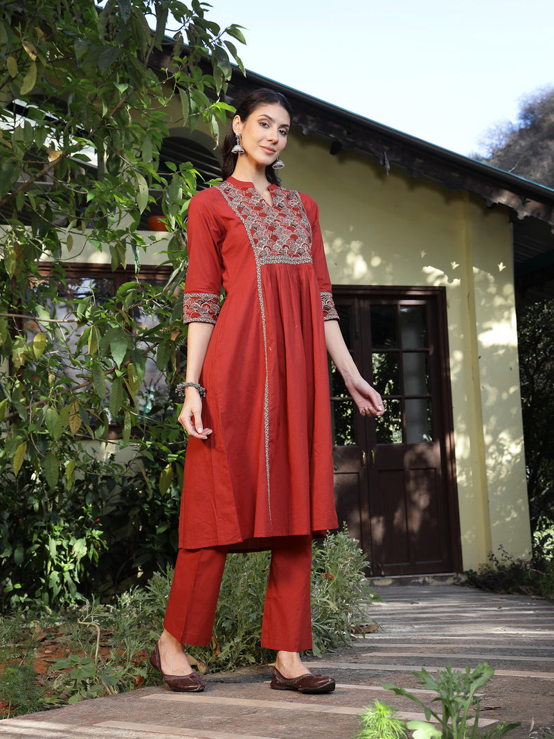 Stylum Women's Rust Printed Cotton A-Line Kurta Pant Set (KPRUSTMURANO)