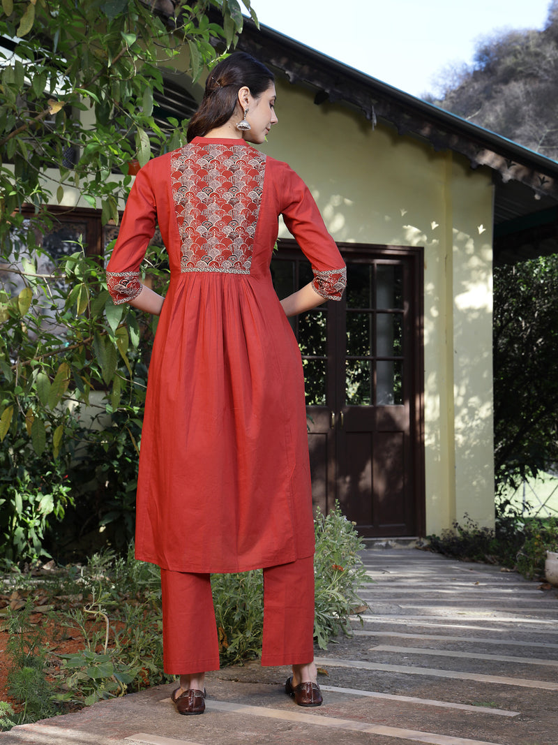 Stylum Women's Rust Printed Cotton A-Line Kurta Pant Set (KPRUSTMURANO)