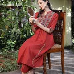 Stylum Women's Rust Printed Cotton A-Line Kurta Pant Set (KPRUSTMURANO)