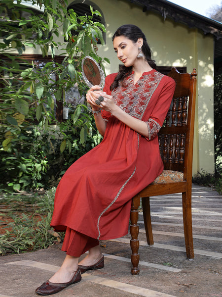 Stylum Women's Rust Printed Cotton A-Line Kurta Pant Set (KPRUSTMURANO)