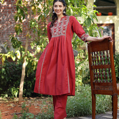 Stylum Women's Rust Printed Cotton A-Line Kurta Pant Set (KPRUSTMURANO)