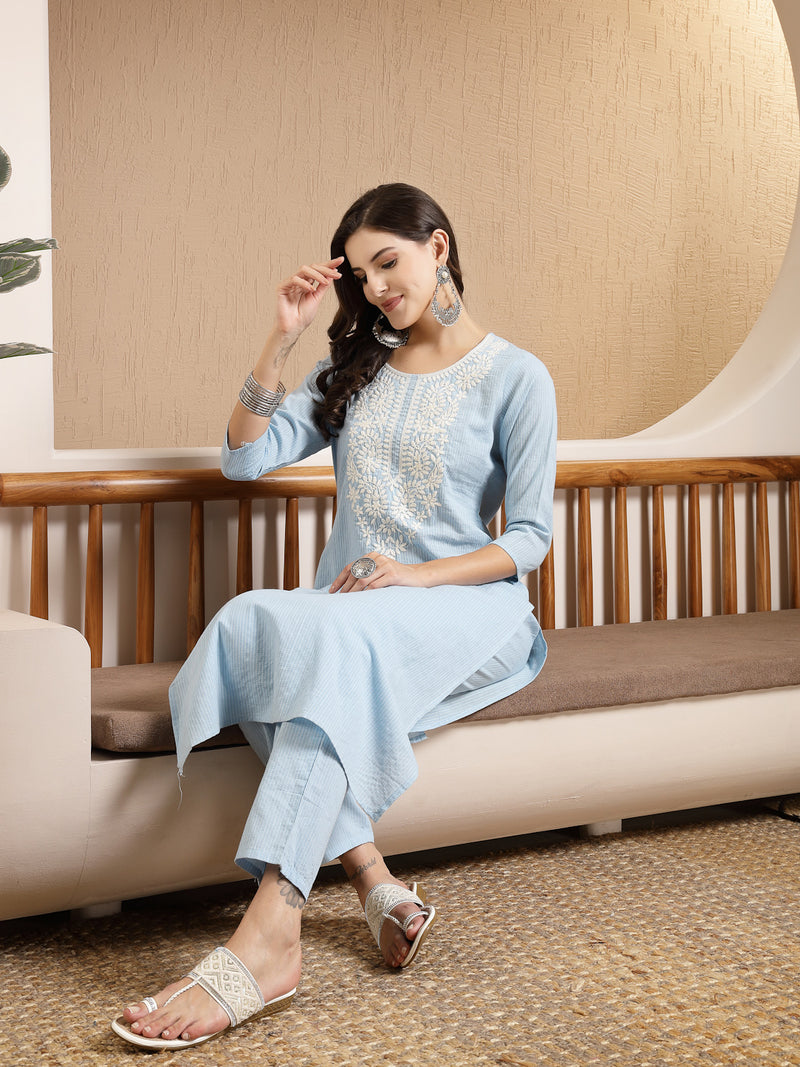 Stylum Women's Sky Blue Woven Design & Embroidered Kantha Cotton Straight Kurta with Pant (KPSKYSYSKA)