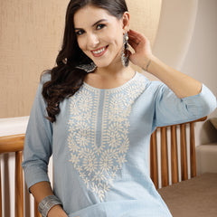 Stylum Women's Sky Blue Woven Design & Embroidered Kantha Cotton Straight Kurta with Pant (KPSKYSYSKA)