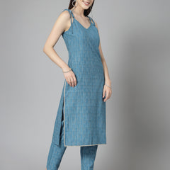 Stylum Women's Woven Designed Cotton Blend Straight Kurta Pant Set (KPTEALBULL)