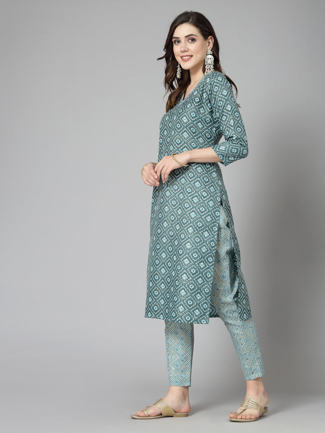 Green Cotton Blend Straight Kurta Pant Set