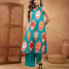 Stylum Women's Turquoise Kalamkari Face Printed Rayon A-Line Kurta Palazzo Set (KPTURQRANCHI)
