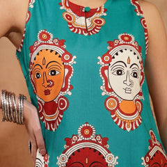 Stylum Women's Turquoise Kalamkari Face Printed Rayon A-Line Kurta Palazzo Set (KPTURQRANCHI)