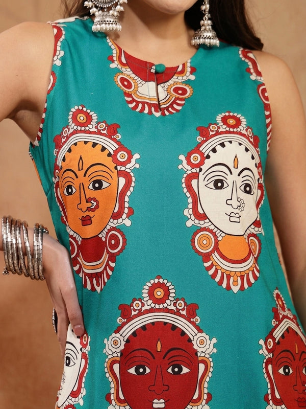 Stylum Women's Turquoise Kalamkari Face Printed Rayon A-Line Kurta Palazzo Set (KPTURQRANCHI)