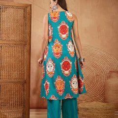 Stylum Women's Turquoise Kalamkari Face Printed Rayon A-Line Kurta Palazzo Set (KPTURQRANCHI)