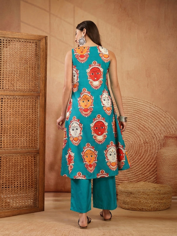 Stylum Women's Turquoise Kalamkari Face Printed Rayon A-Line Kurta Palazzo Set (KPTURQRANCHI)