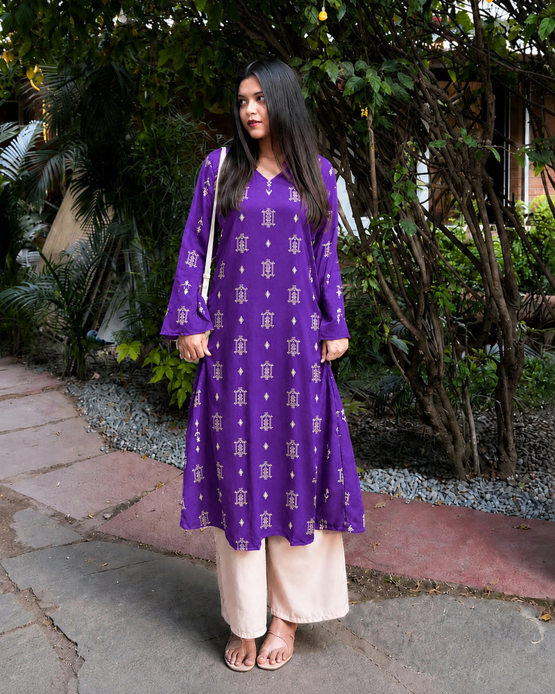Stylum Women's Violet Ikat Printed Rayon A-Line Kurta With Palazzo (KPVOILSHARK)