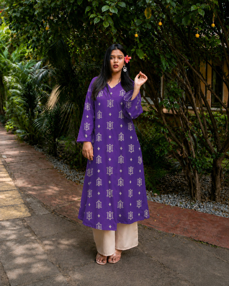 Stylum Women's Violet Ikat Printed Rayon A-Line Kurta With Palazzo (KPVOILSHARK)