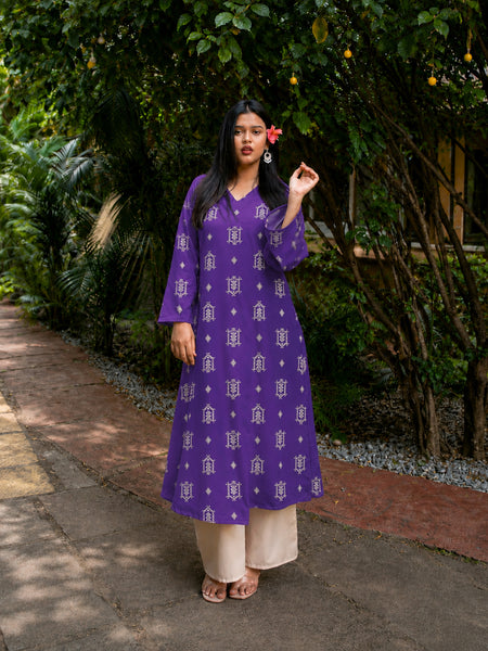 Stylum Women's Violet Ikat Printed Rayon A-Line Kurta With Palazzo (KPVOILSHARK)