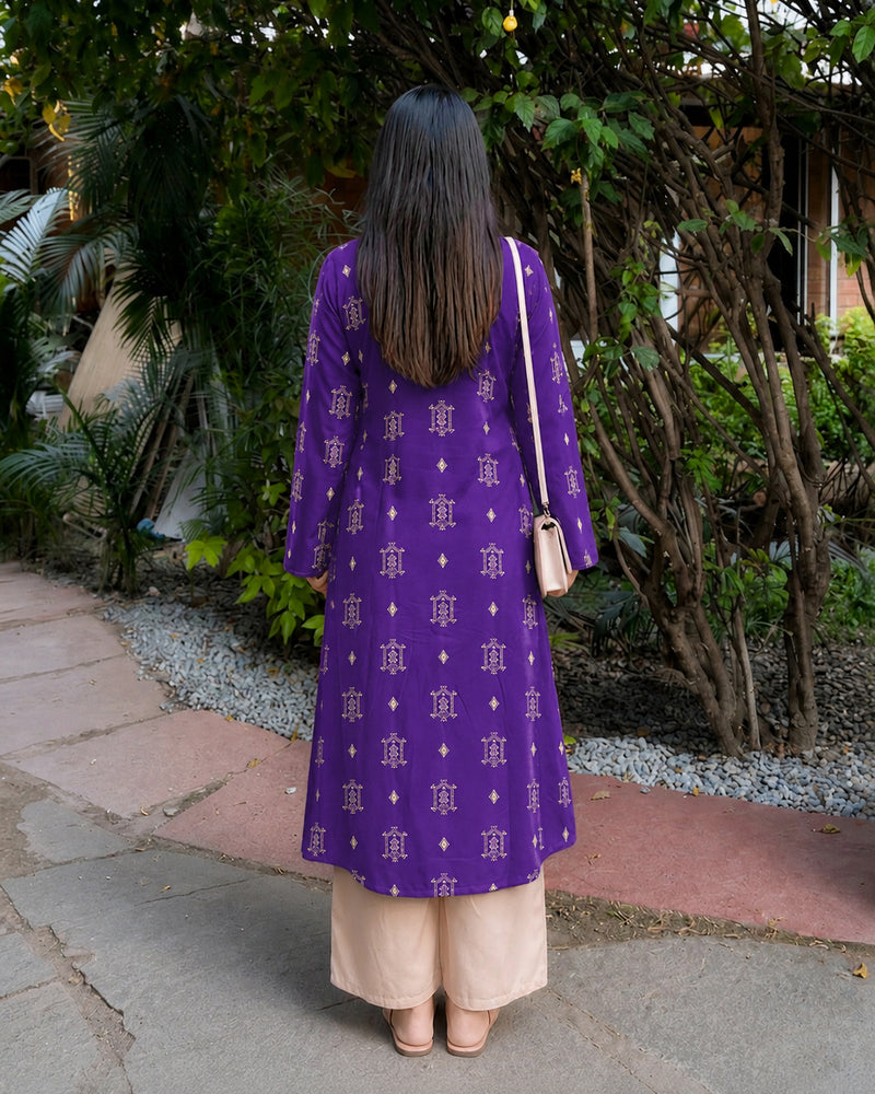 Stylum Women's Violet Ikat Printed Rayon A-Line Kurta With Palazzo (KPVOILSHARK)