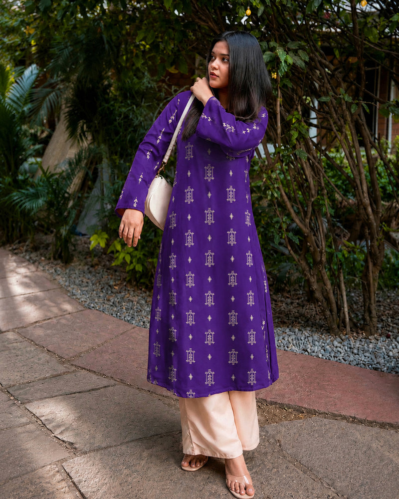 Stylum Women's Violet Ikat Printed Rayon A-Line Kurta With Palazzo (KPVOILSHARK)