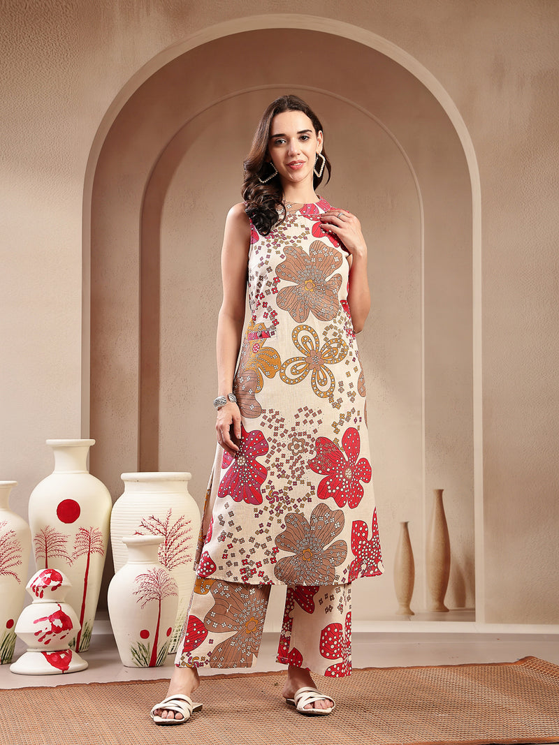 Stylum Women's White Floral Printed Cotton Flax Straight Kurta Palazzo Set (KPWHITEGIGGLE)