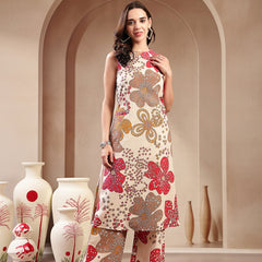 Stylum Women's White Floral Printed Cotton Flax Straight Kurta Palazzo Set (KPWHITEGIGGLE)