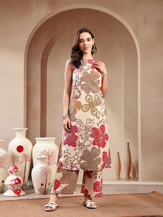 Stylum Women's White Floral Printed Cotton Flax Straight Kurta Palazzo Set (KPWHITEGIGGLE)