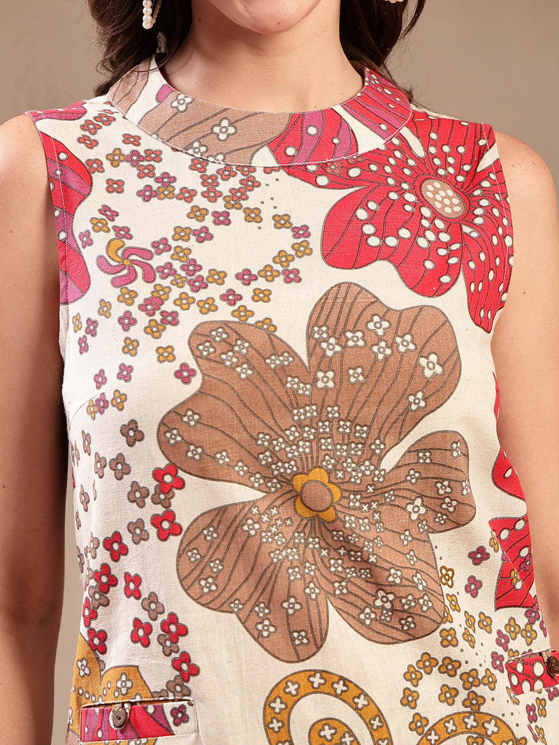 Stylum Women's White Floral Printed Cotton Flax Straight Kurta Palazzo Set (KPWHITEGIGGLE)