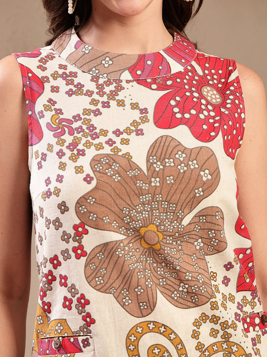 Stylum Women's White Floral Printed Cotton Flax Straight Kurta Palazzo Set (KPWHITEGIGGLE)