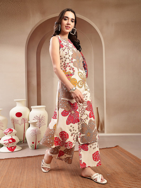 Stylum Women's White Floral Printed Cotton Flax Straight Kurta Palazzo Set (KPWHITEGIGGLE)