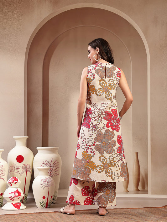 Stylum Women's White Floral Printed Cotton Flax Straight Kurta Palazzo Set (KPWHITEGIGGLE)