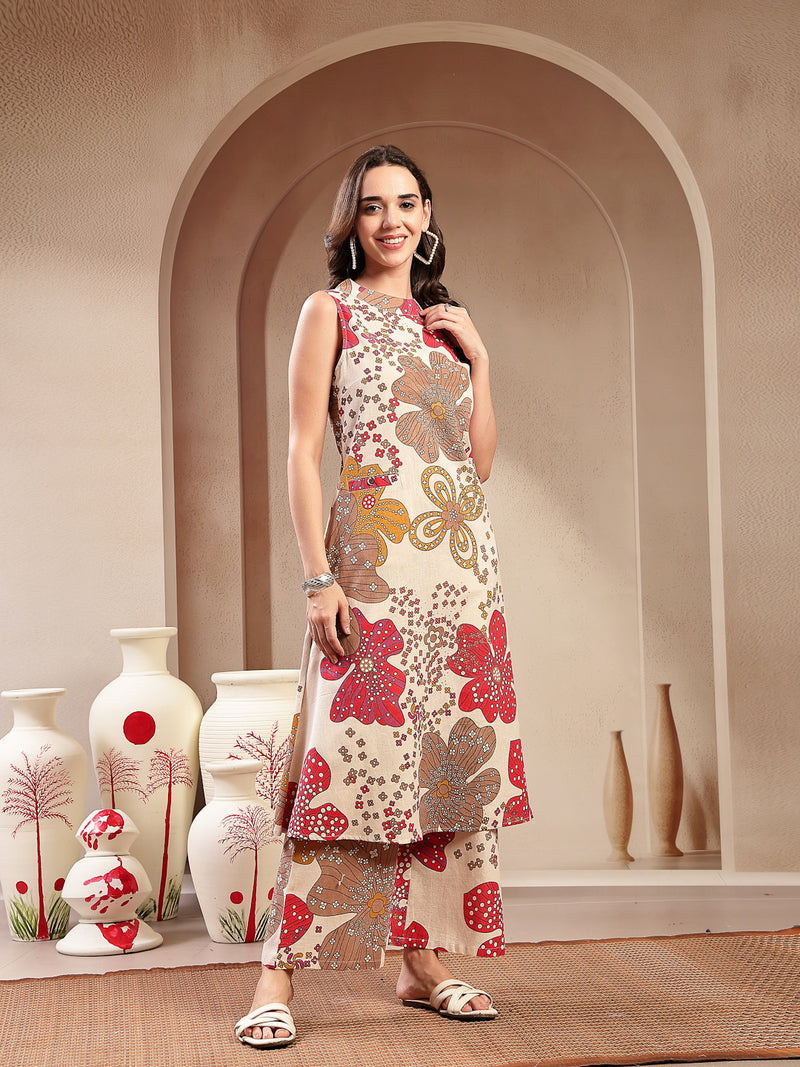 Stylum Women's White Floral Printed Cotton Flax Straight Kurta Palazzo Set (KPWHITEGIGGLE)