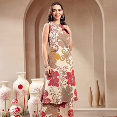 Stylum Women's White Floral Printed Cotton Flax Straight Kurta Palazzo Set (KPWHITEGIGGLE)