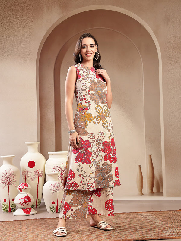 Stylum Women's White Floral Printed Cotton Flax Straight Kurta Palazzo Set (KPWHITEGIGGLE)