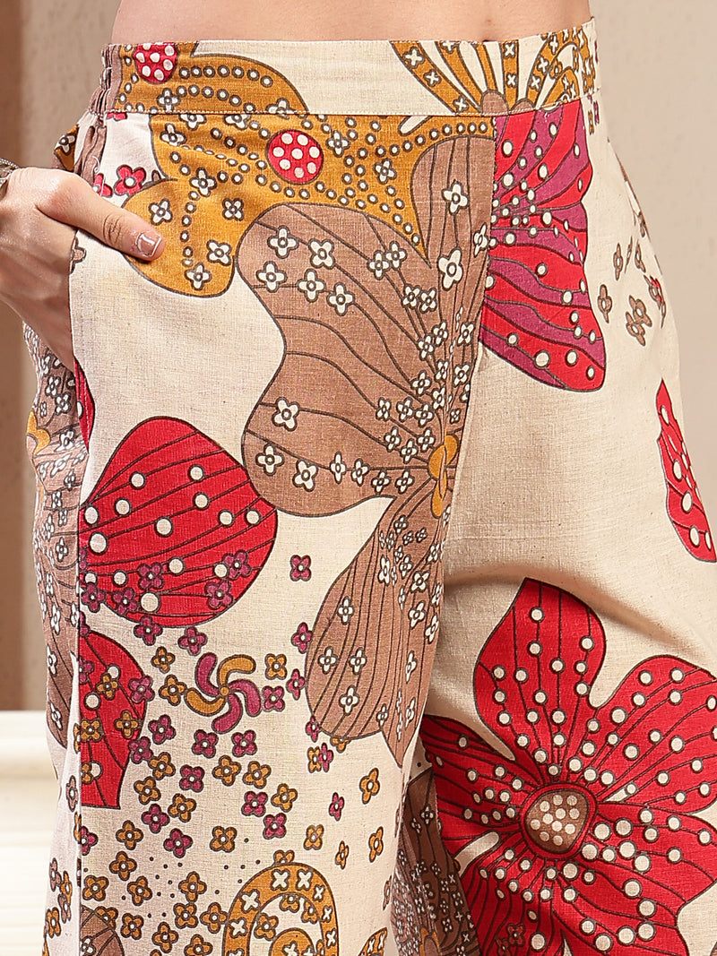 Stylum Women's White Floral Printed Cotton Flax Straight Kurta Palazzo Set (KPWHITEGIGGLE)