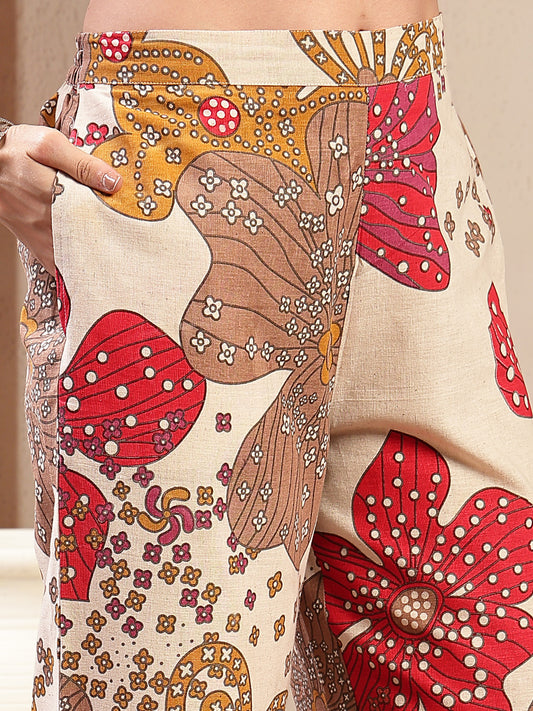 Stylum Women's White Floral Printed Cotton Flax Straight Kurta Palazzo Set (KPWHITEGIGGLE)