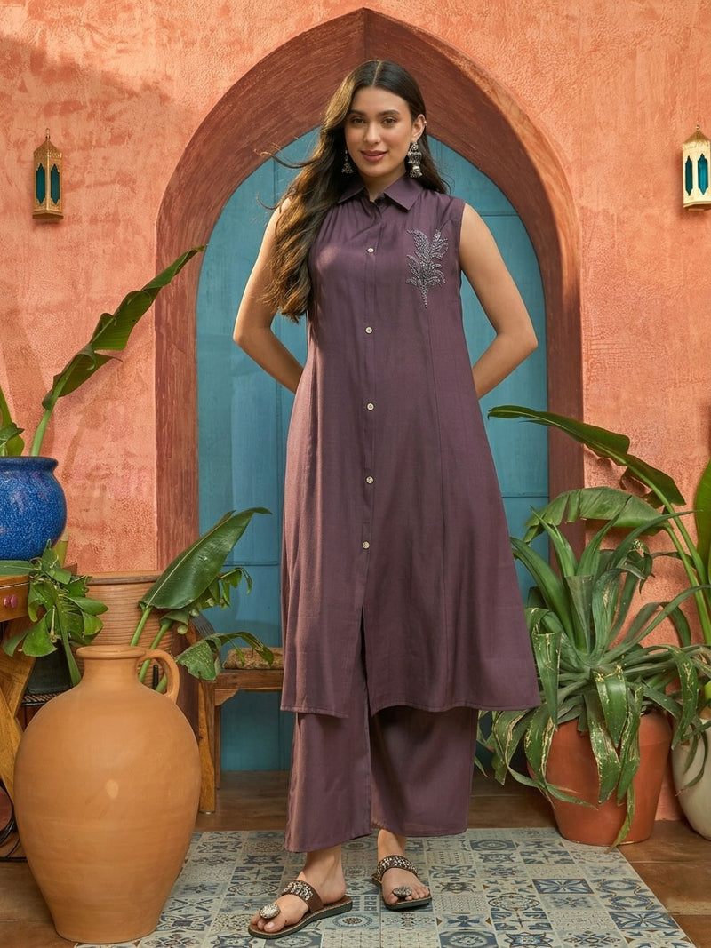 Stylum Women's Wine Solid & Patch Work Poly Silk A-Line Kurta Pant Set (KPWINEFAIZA)