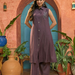 Stylum Women's Wine Solid & Patch Work Poly Silk A-Line Kurta Pant Set (KPWINEFAIZA)