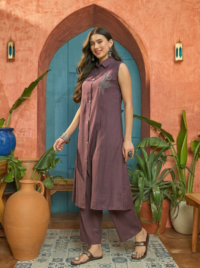 Stylum Women's Wine Solid & Patch Work Poly Silk A-Line Kurta Pant Set (KPWINEFAIZA)