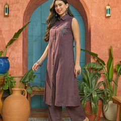 Stylum Women's Wine Solid & Patch Work Poly Silk A-Line Kurta Pant Set (KPWINEFAIZA)