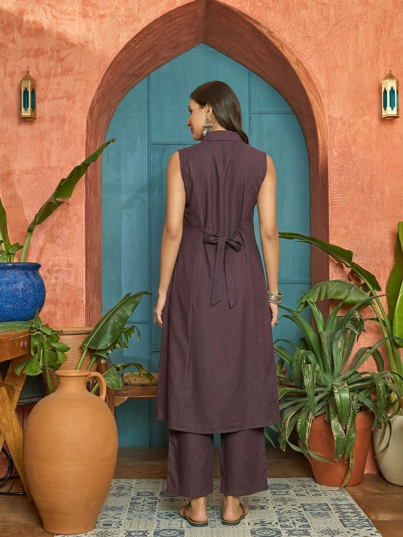 Stylum Women's Wine Solid & Patch Work Poly Silk A-Line Kurta Pant Set (KPWINEFAIZA)