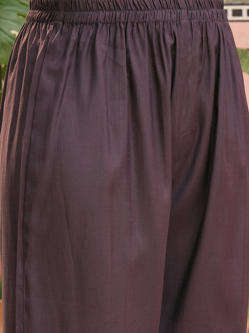 Stylum Women's Wine Solid & Patch Work Poly Silk A-Line Kurta Pant Set (KPWINEFAIZA)